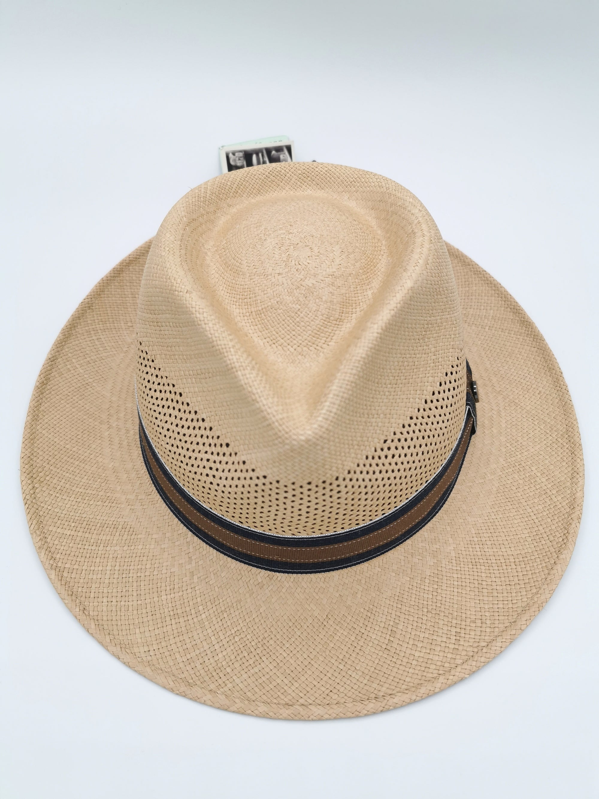 Chapeau Panama coloris sable et bandeau bicolore bleu acier-marron