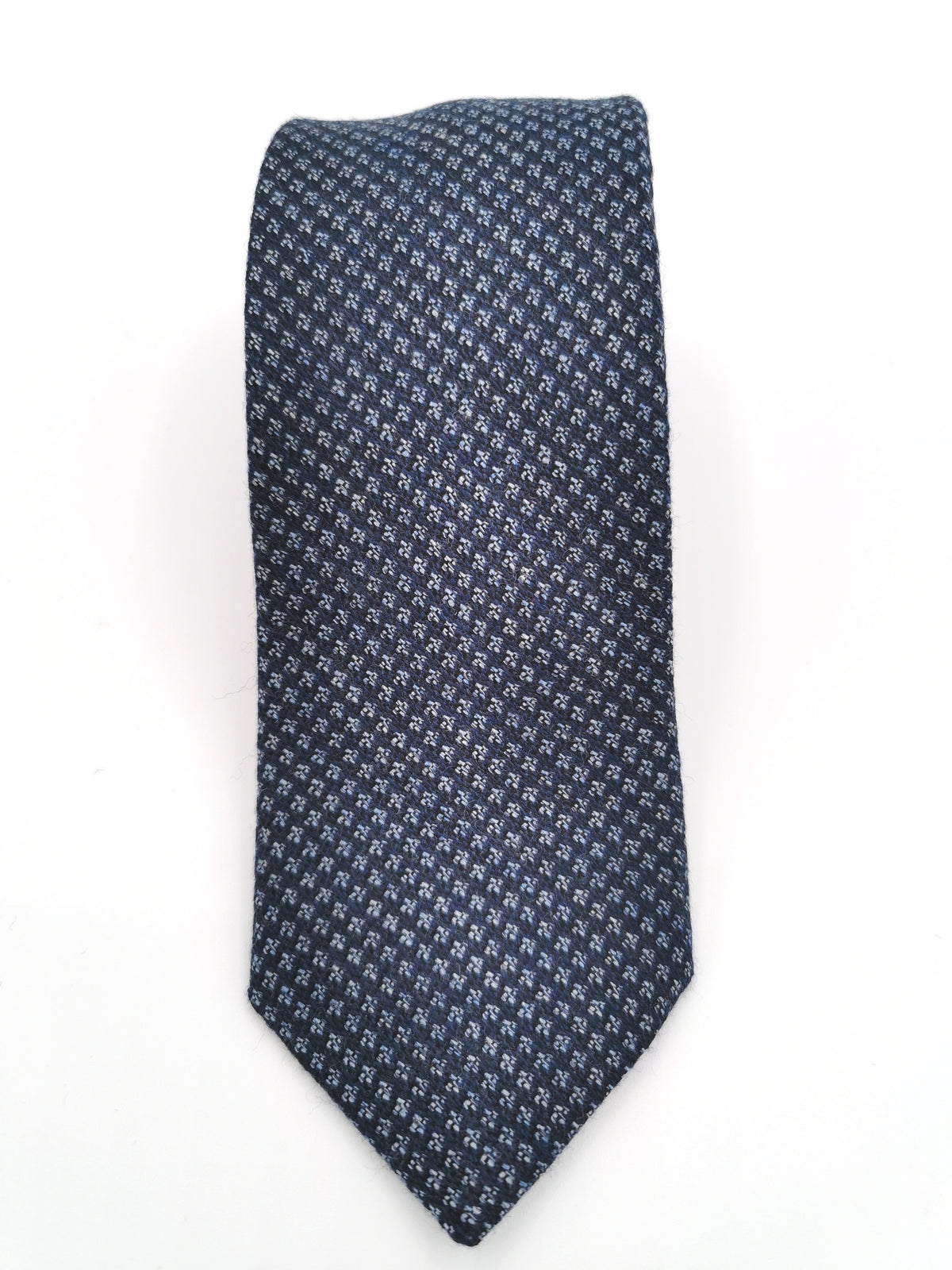 Ferala tie in navy blue wool/silk with small checks