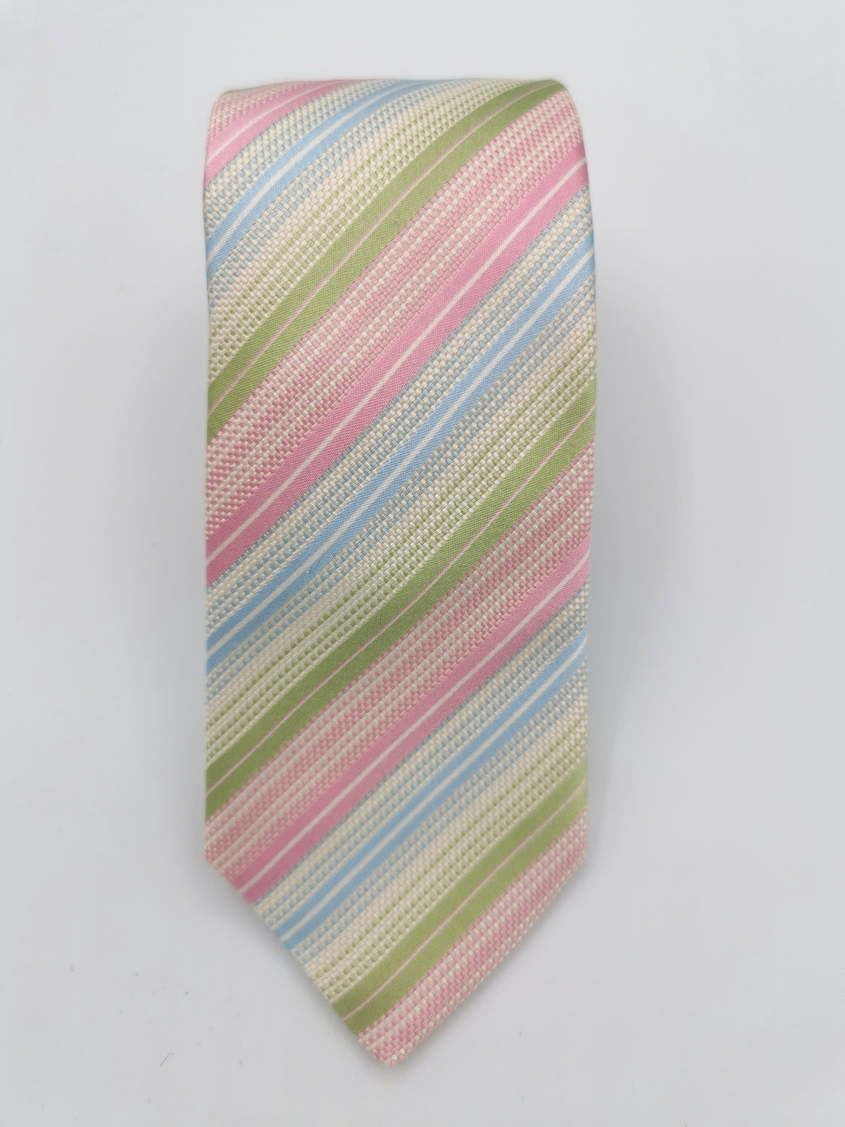Ferala silk tie with pastel pink, green, yellow and blue stripes