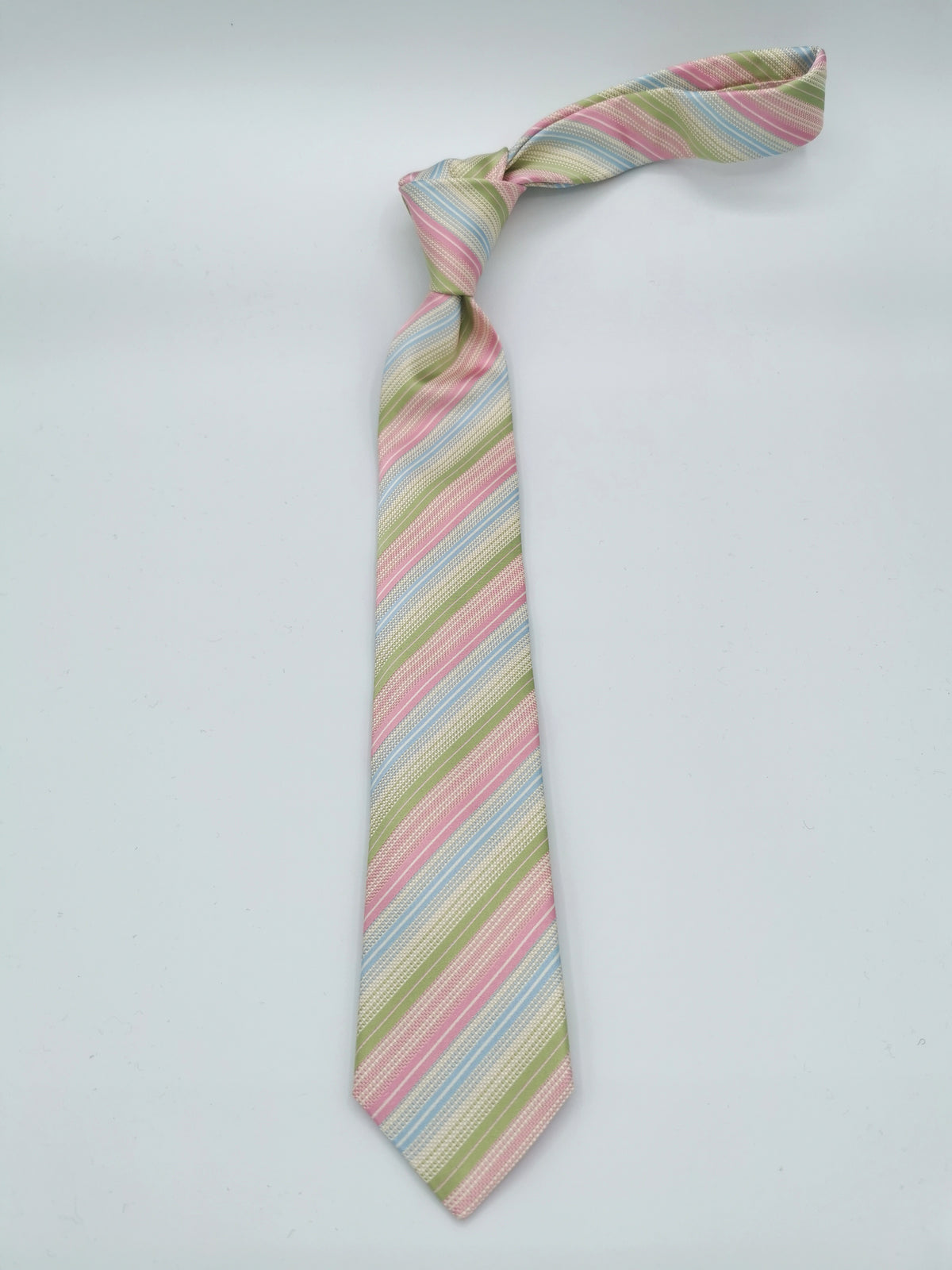 Ferala silk tie with pastel pink, green, yellow and blue stripes