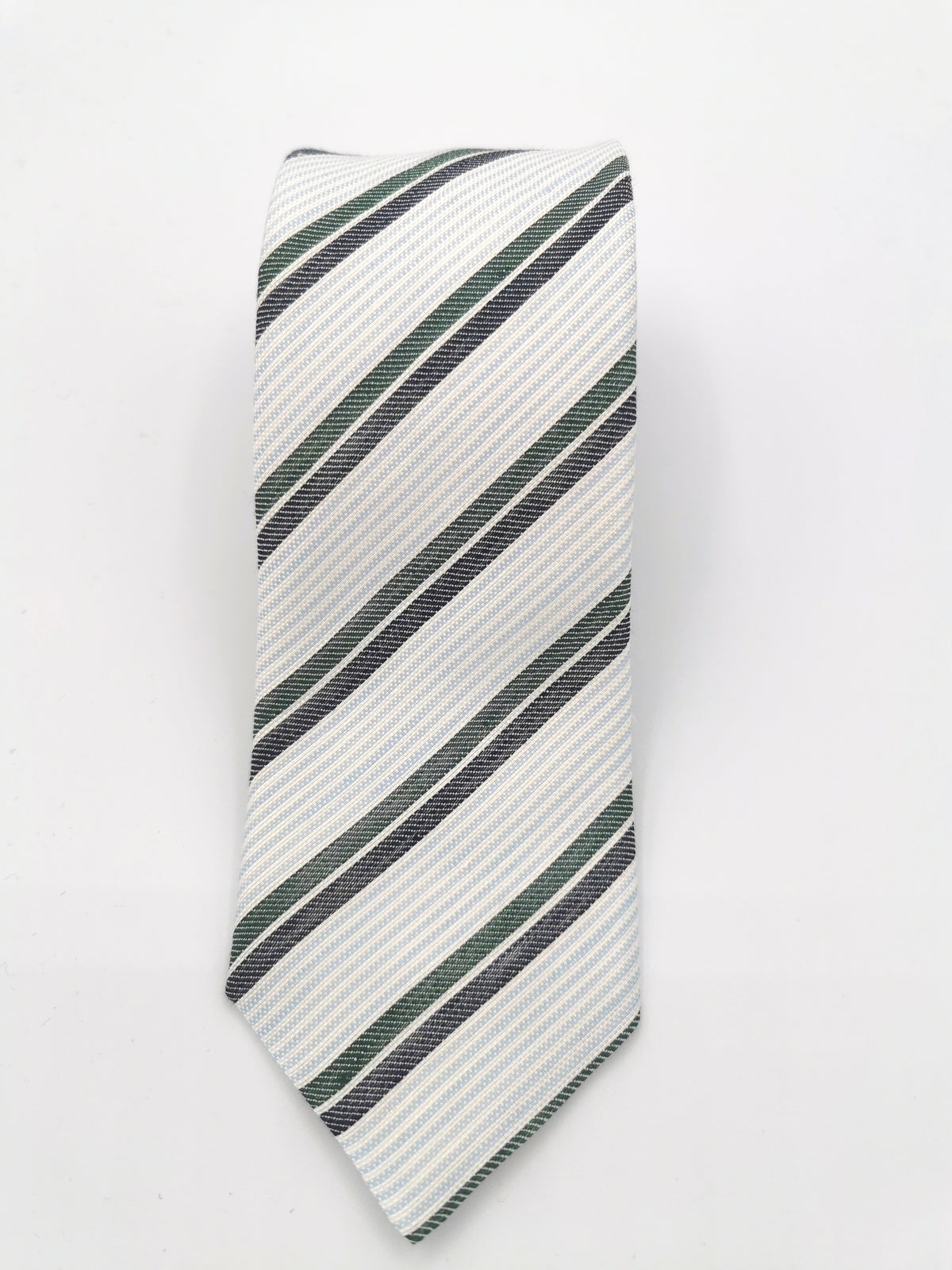 Ferala tie in white silk with gray and green stripes