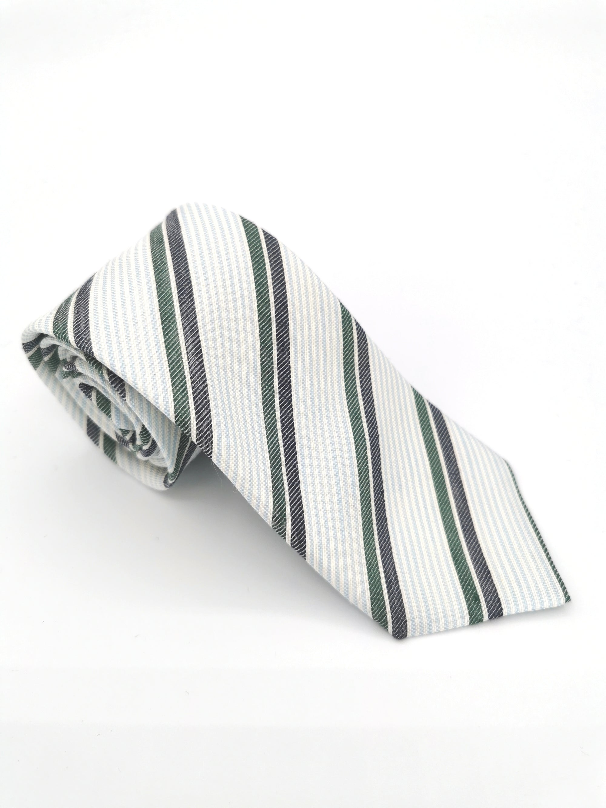 Cravate Ferala en soie blanche à rayures grises et vertes