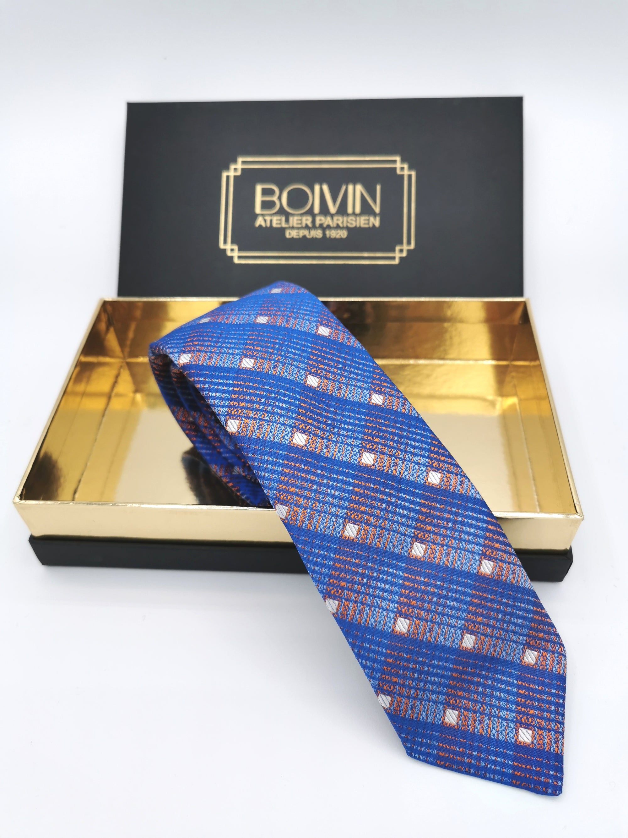 Cravate Atelier Boivin en soie bleu à carreaux