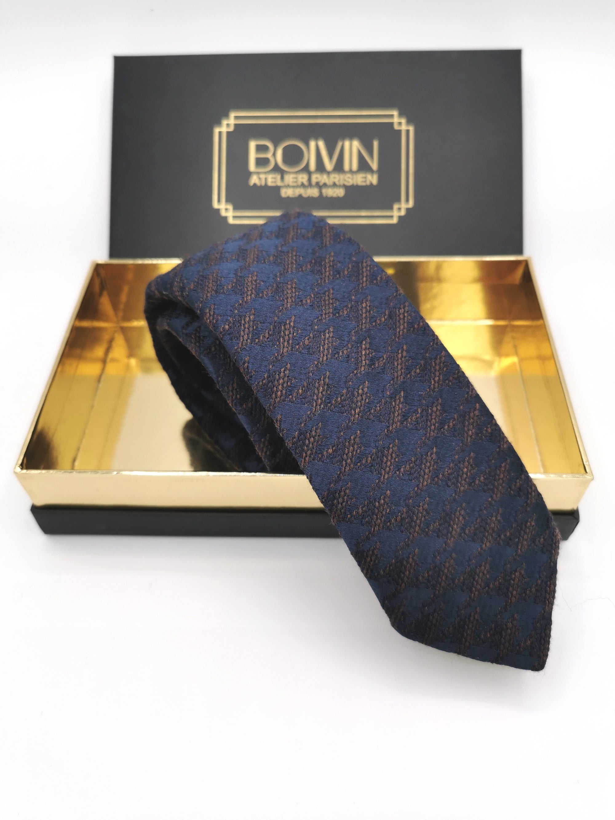 Cravate Atelier Boivin en laine/soie bleu marine et brun