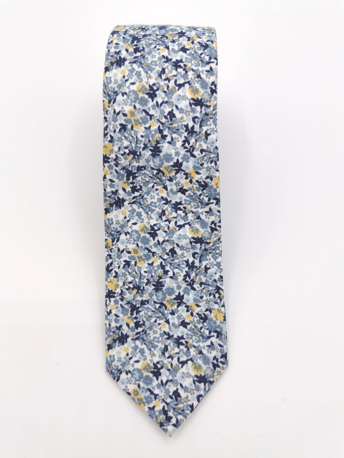 Fine cotton tie with blue and yellow floral pattern
