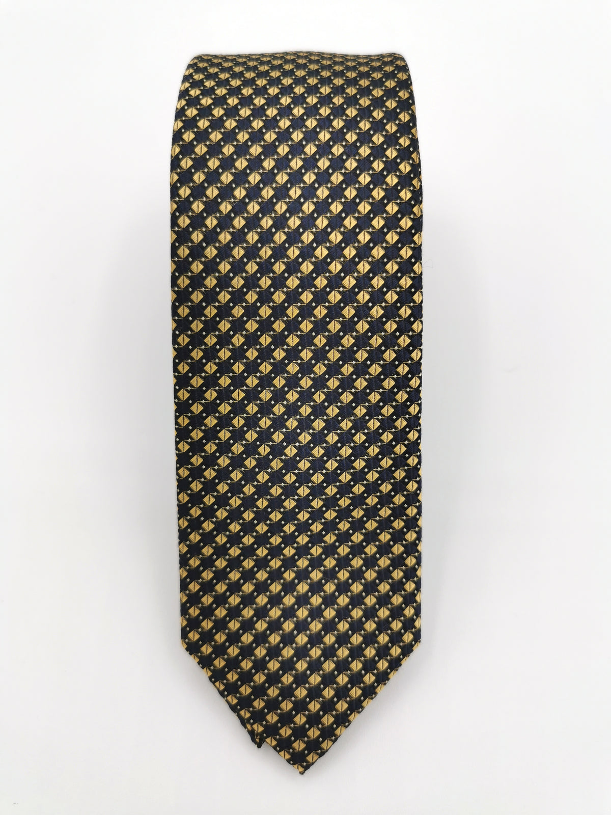 Narrow silk tie with yellow and navy blue diamonds