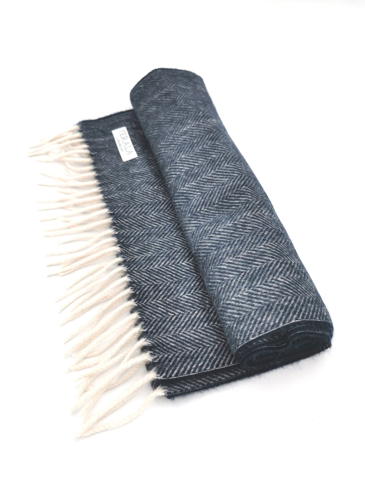Herringbone cashmere scarf with white fringes