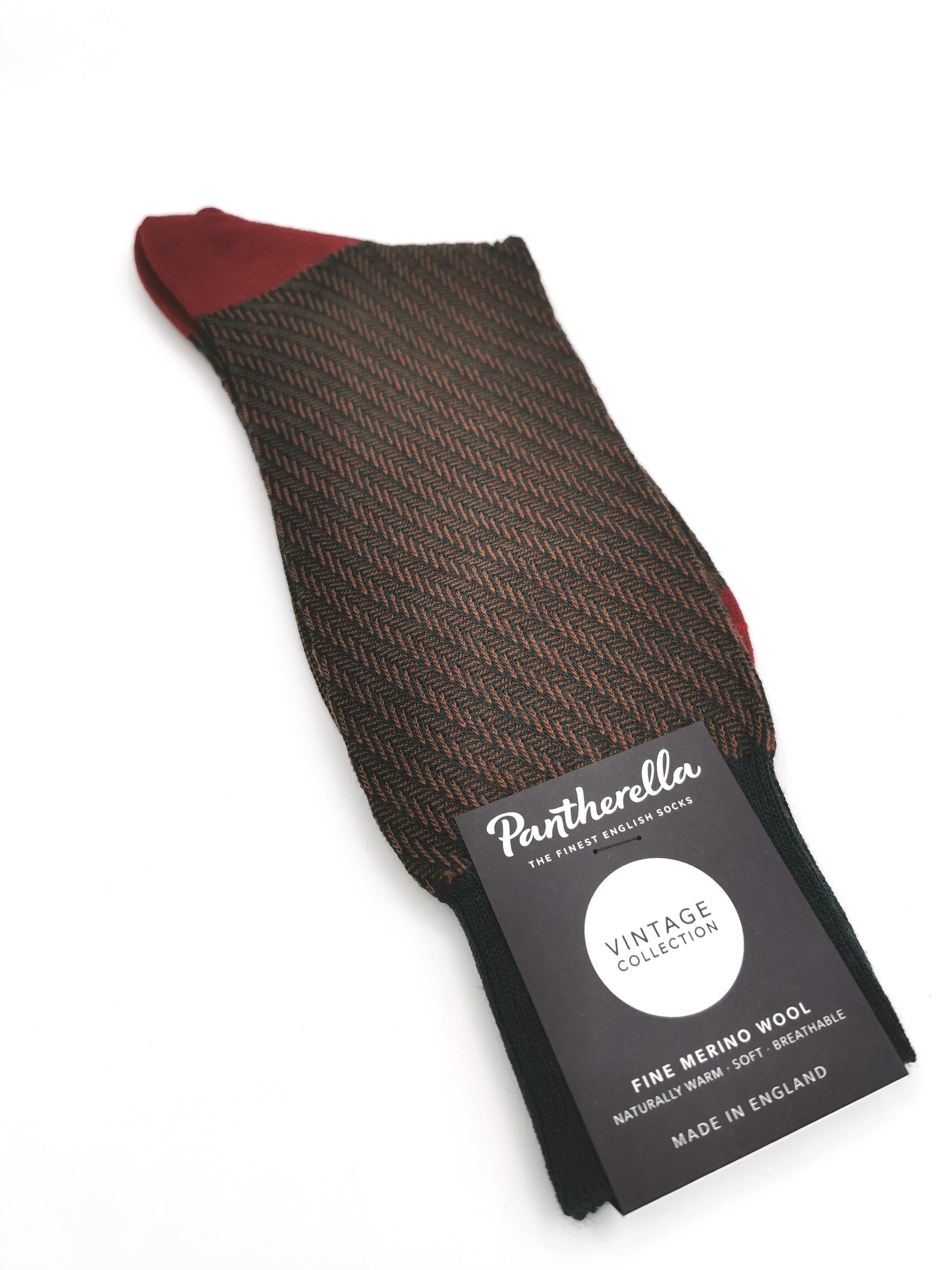 Brown Pantherella Fine Merino Wool socks with red heel