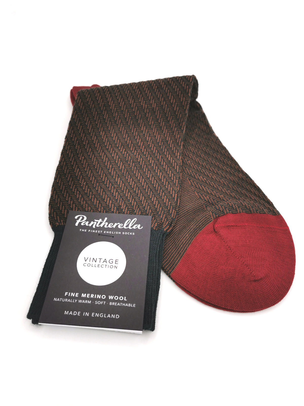 Brown Pantherella Fine Merino Wool socks with red heel