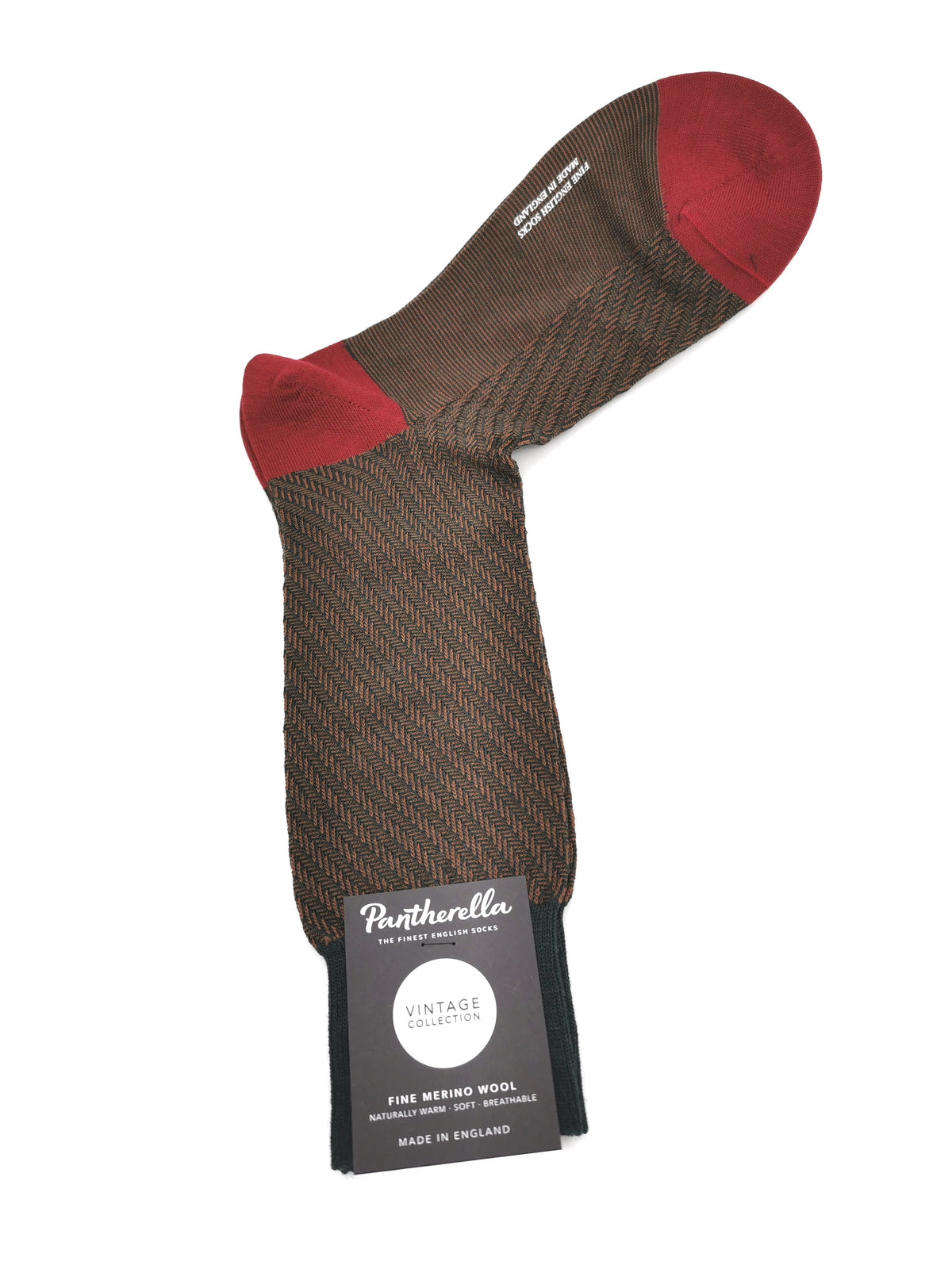 Brown Pantherella Fine Merino Wool socks with red heel