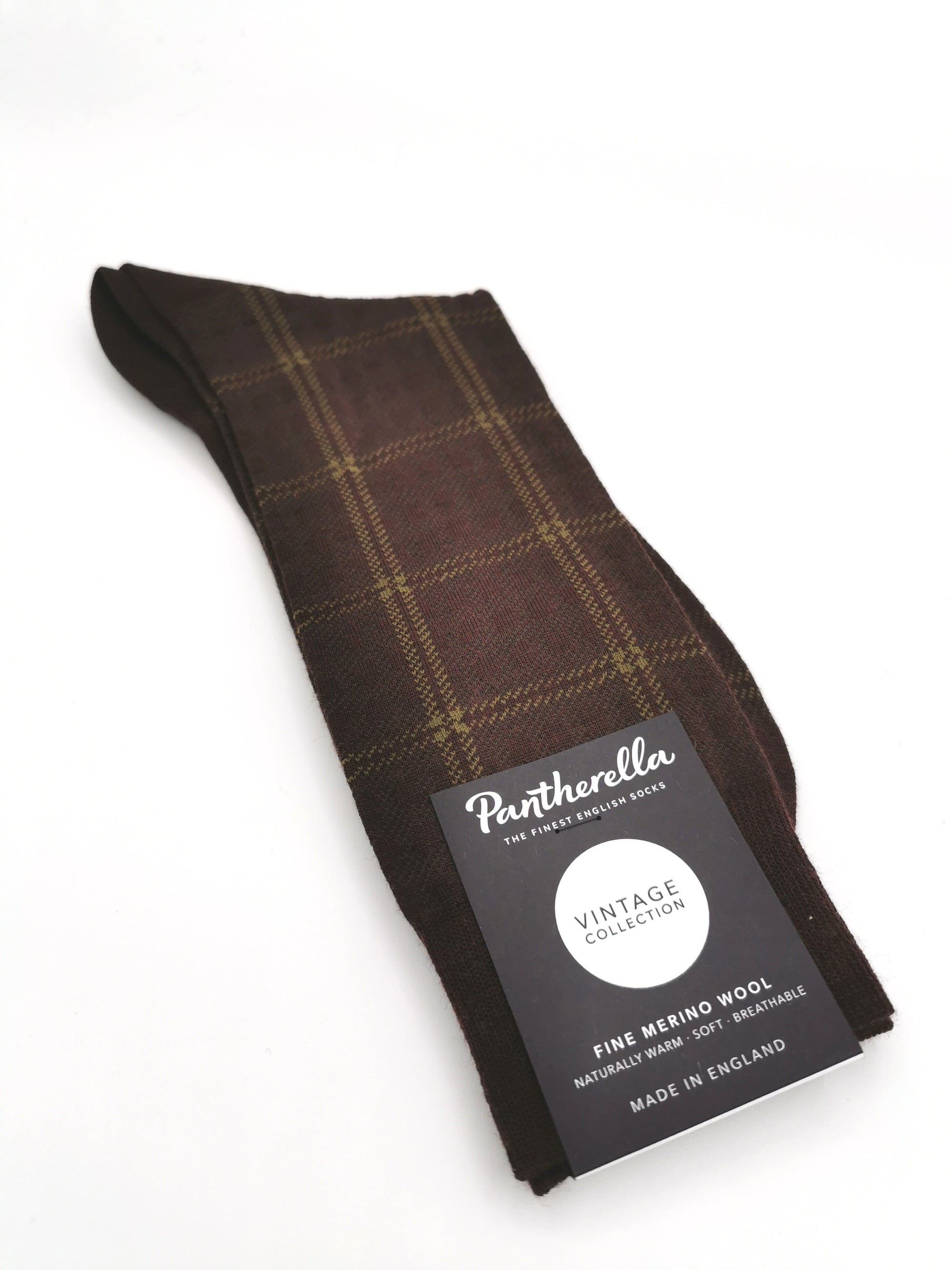 Brown Pantherella Fine Merino Wool socks with large checks