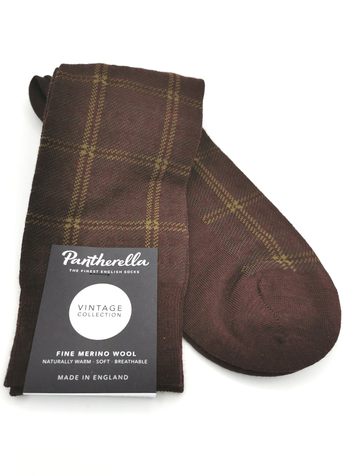 Brown Pantherella Fine Merino Wool socks with large checks