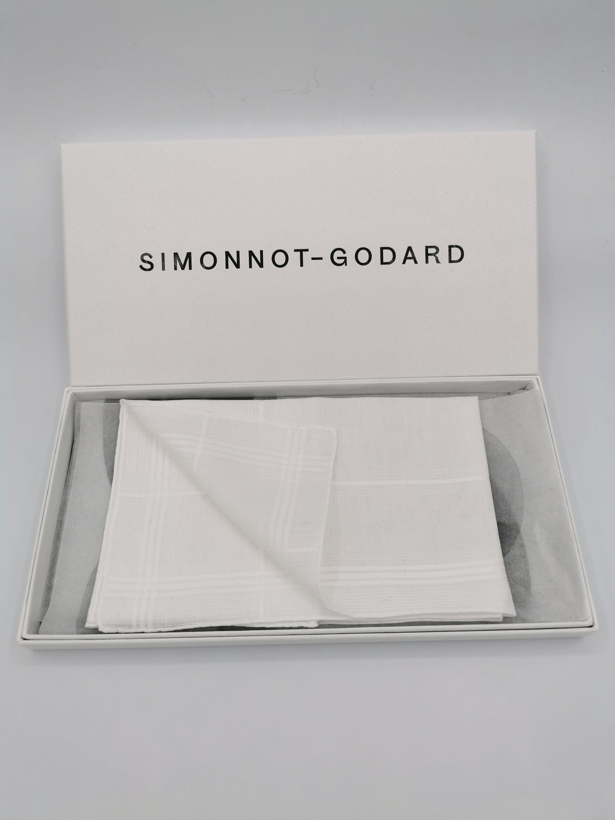 Simonnot-Godard white pocket square with large checks, Archives Collection