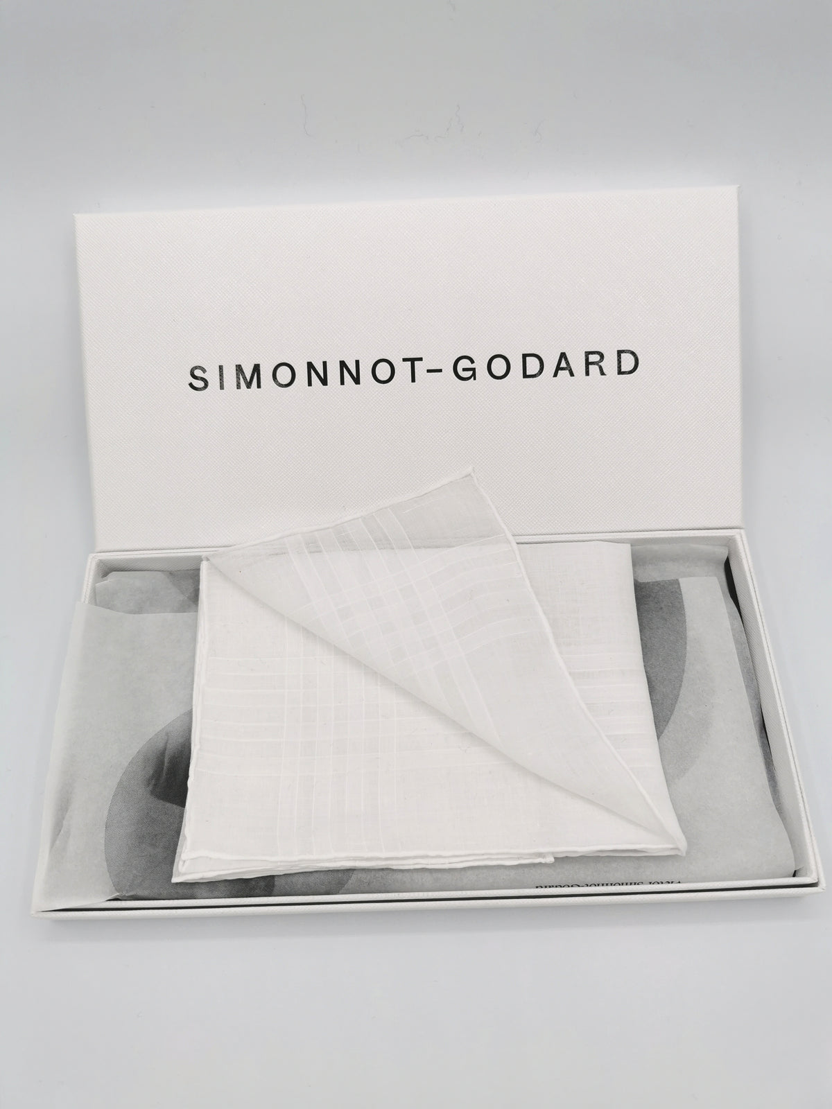 White Simonnot-Godard pocket square with four woven bands on the edges, Archives Collection