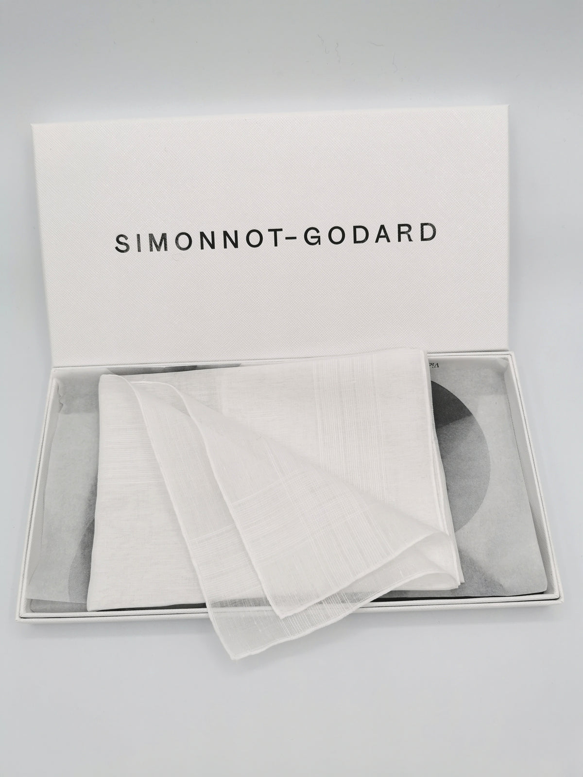 White Simonnot-Godard pocket square with several woven bands on the edges, Archives Collection