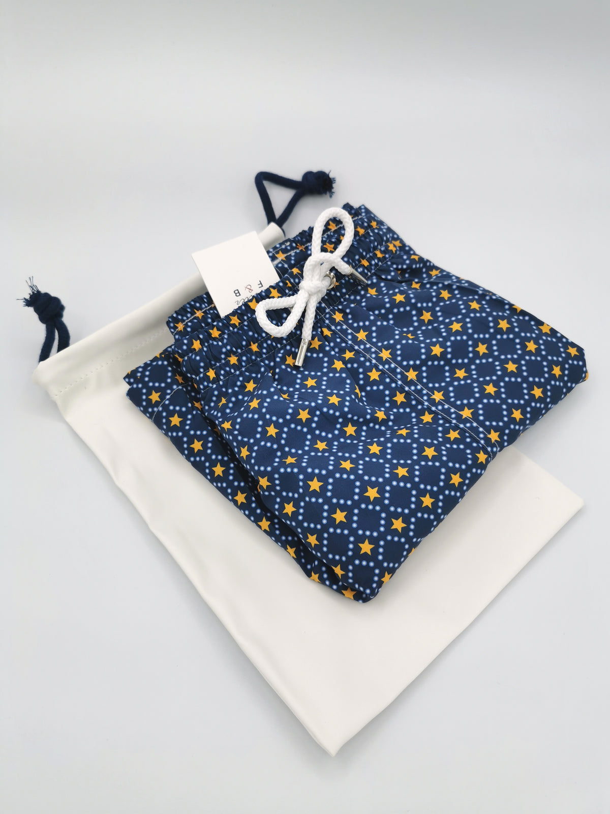 ATELIER F&amp;amp;B SILK SWIMMING SHORTS WITH SMALL YELLOW STARS