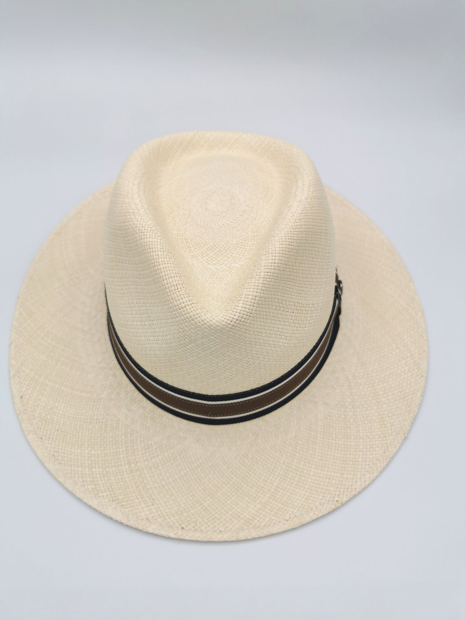 PANAMA HAT IN NATURAL COLOUR, BLUE-WHITE-BROWN HEADBAND