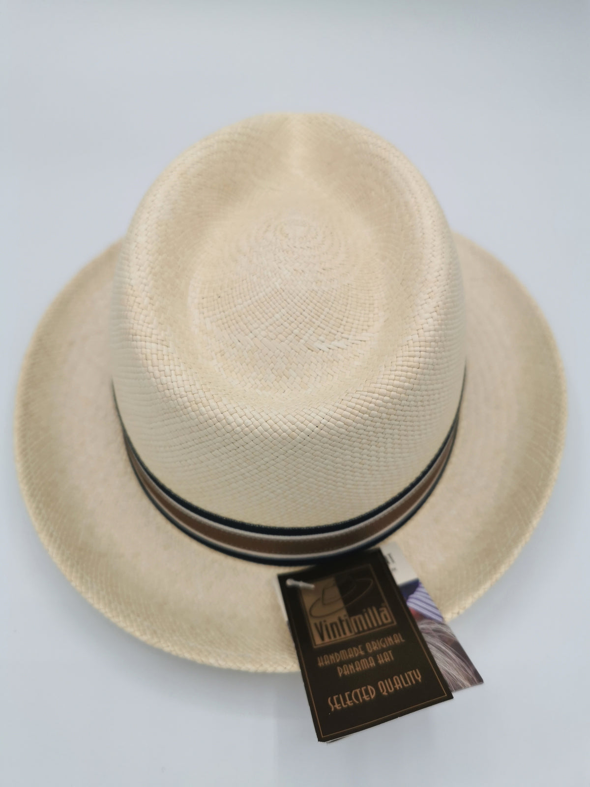 Chapeau Panama court coloris naturel et bandeau tricolore bleu-blanc–marron