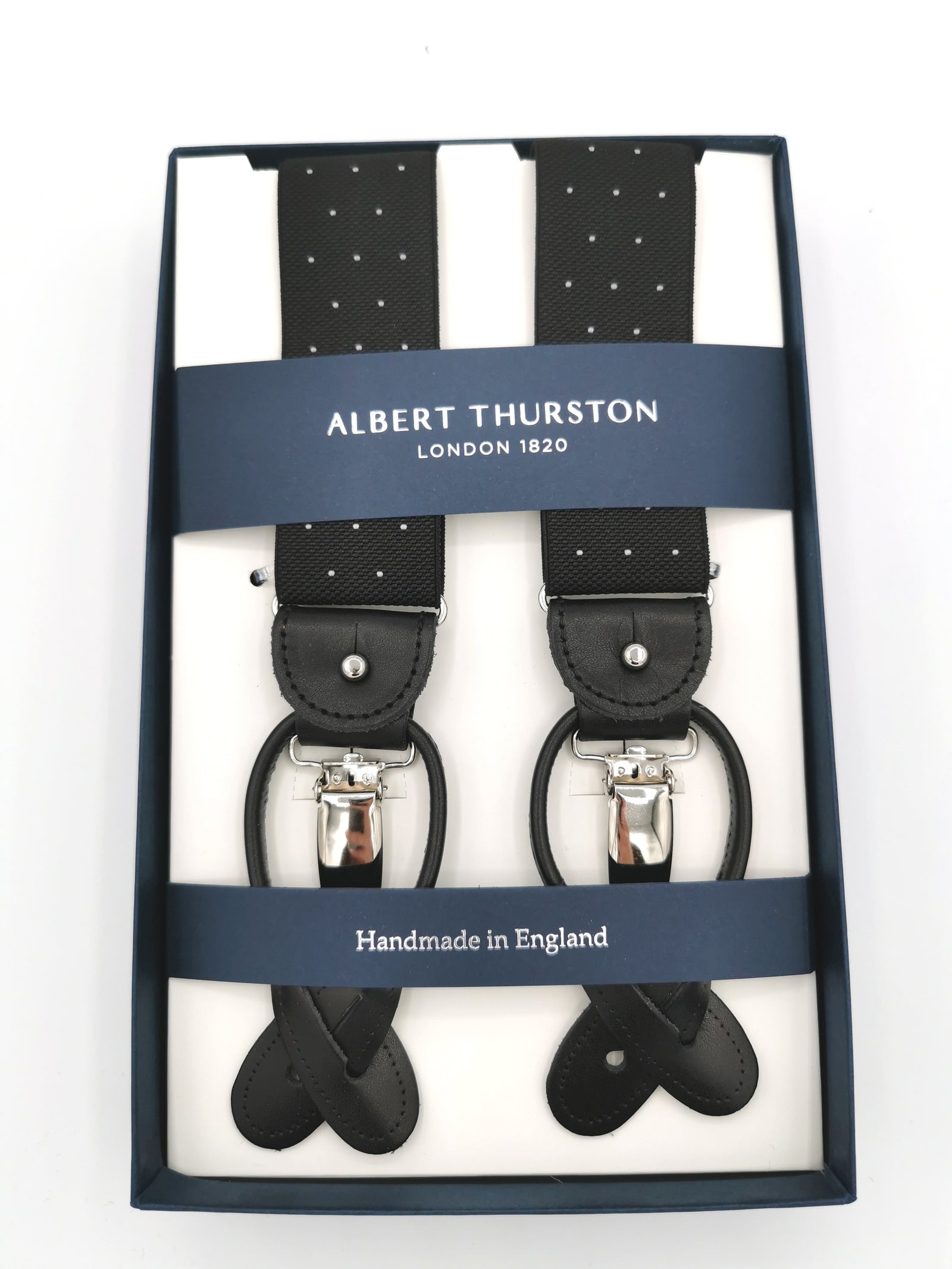 ALBERT THURSTON BLACK SUSPENDERS WITH WHITE DOTS
