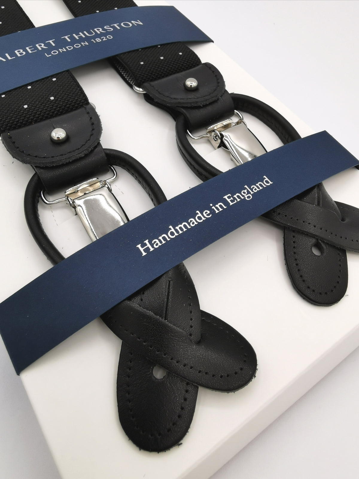 ALBERT THURSTON BLACK SUSPENDERS WITH WHITE DOTS