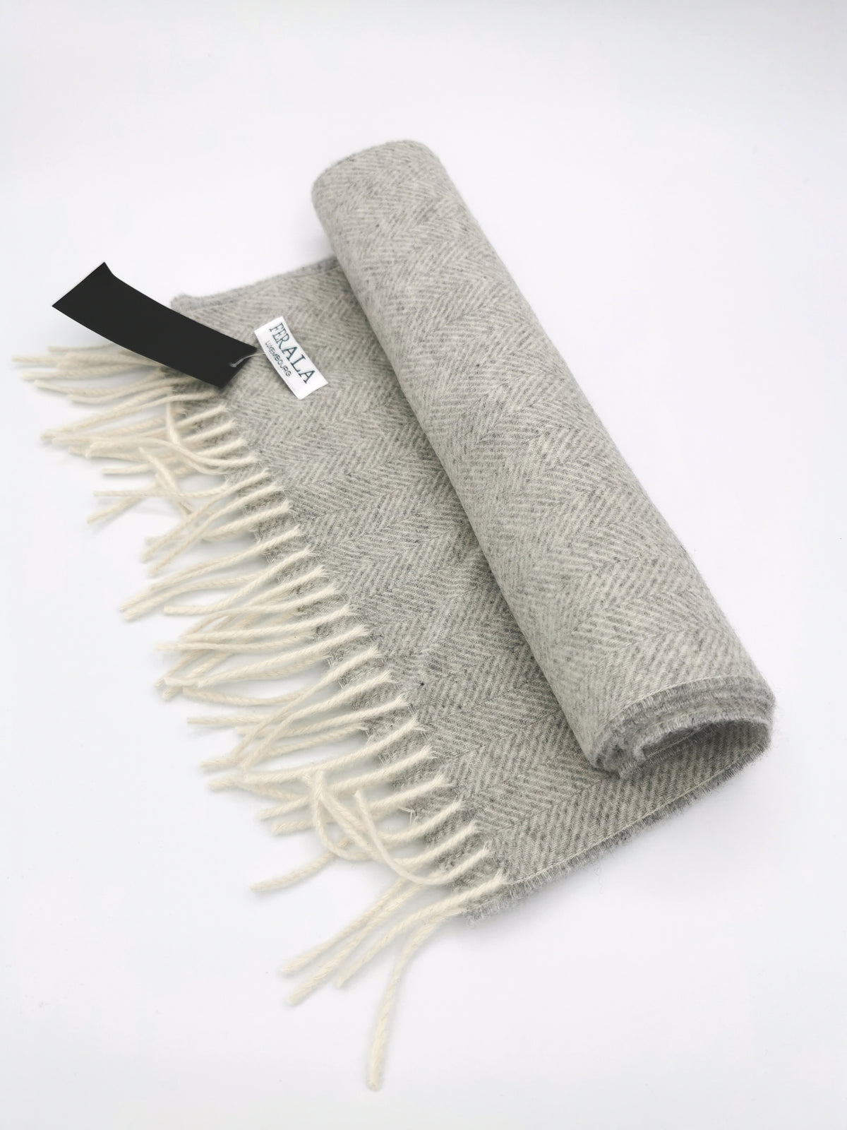 Herringbone cashmere scarf with white fringes