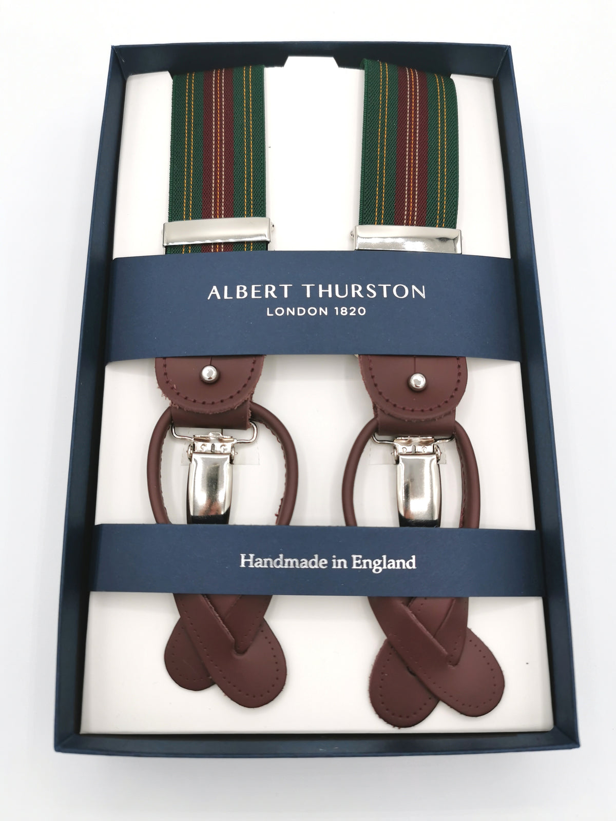 Albert Thurston green suspenders with stripes