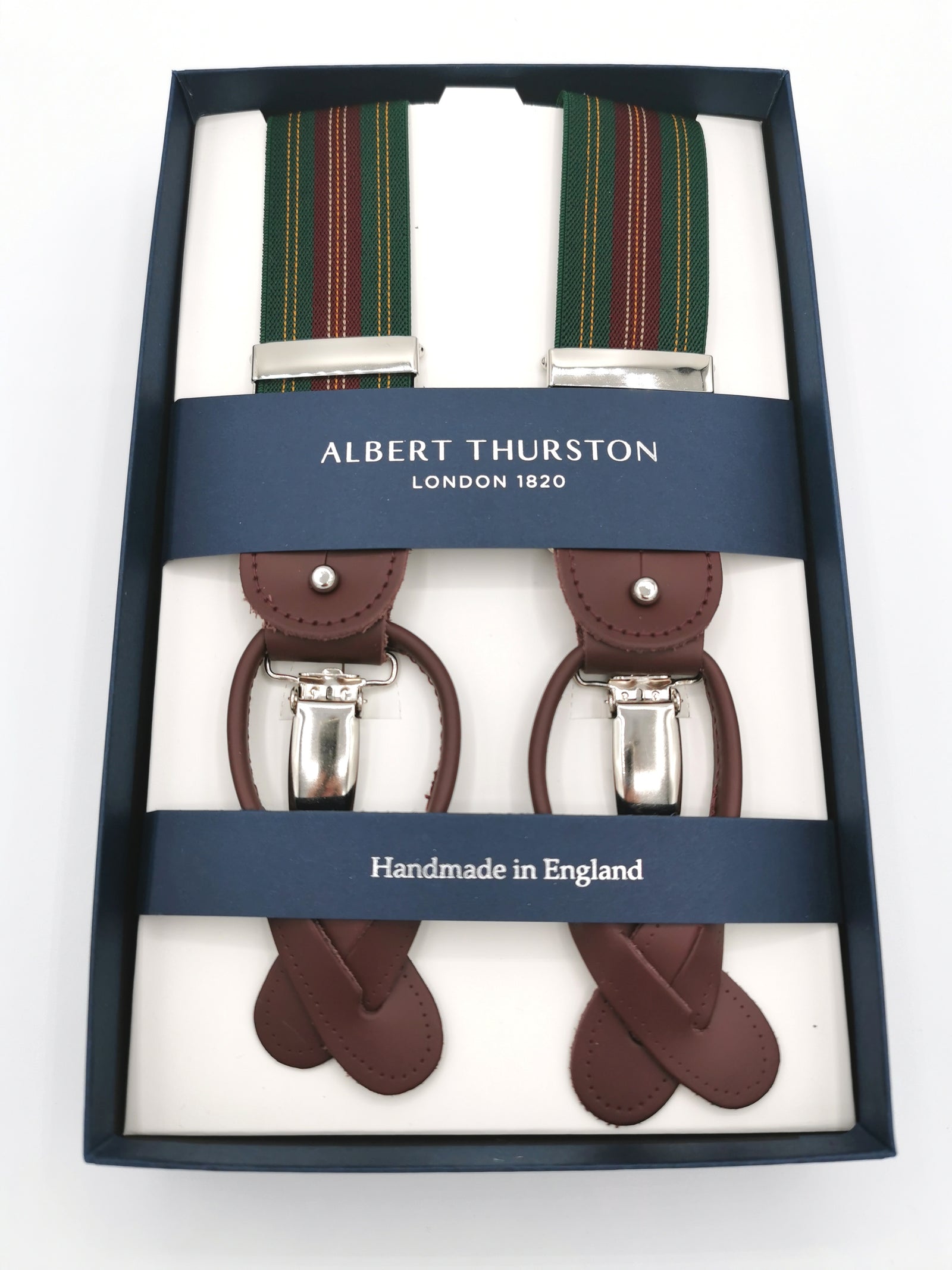 Albert Thurston green suspenders with stripes