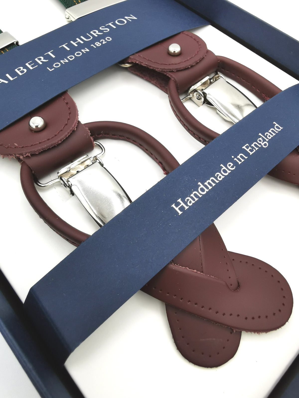 Albert Thurston green suspenders with stripes