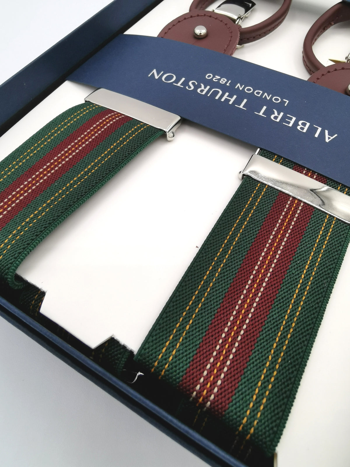Albert Thurston green suspenders with stripes