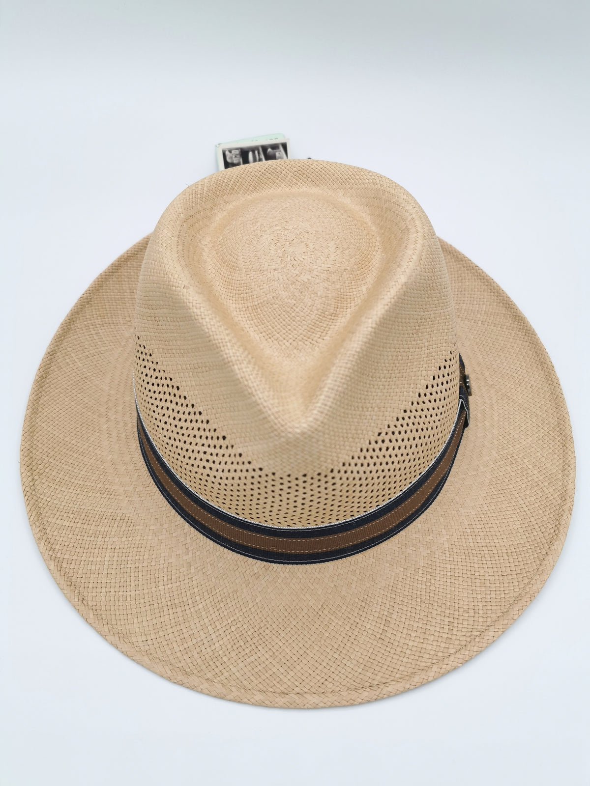 Chapeau Panama coloris sable et bandeau bicolore bleu acier-marron
