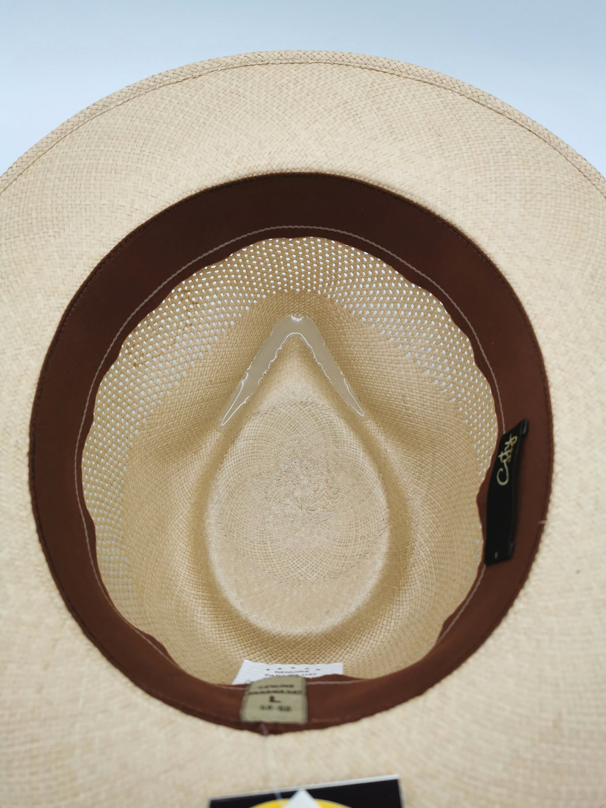 Chapeau Panama coloris sable et bandeau bicolore bleu acier-marron