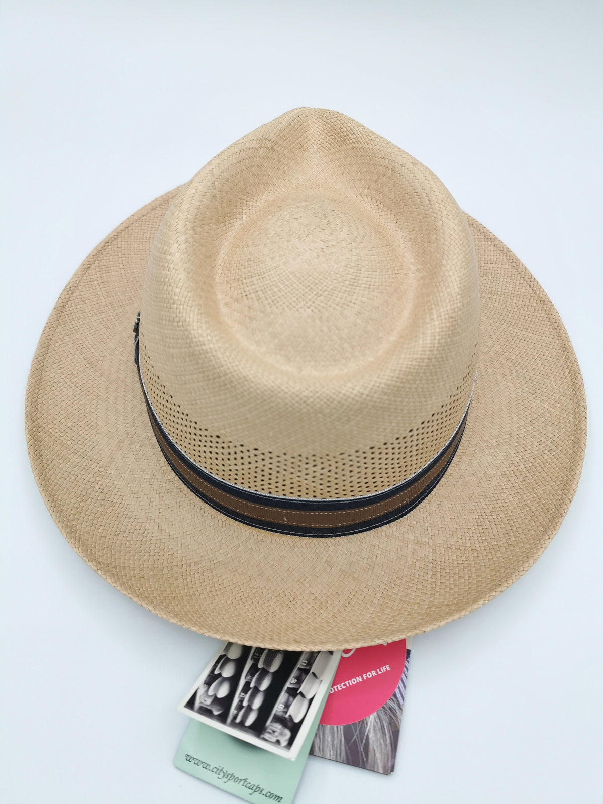 Chapeau Panama coloris sable et bandeau bicolore bleu acier-marron