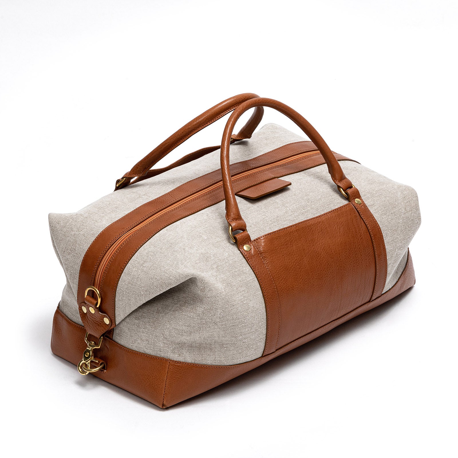 Beige canvas duffle bag